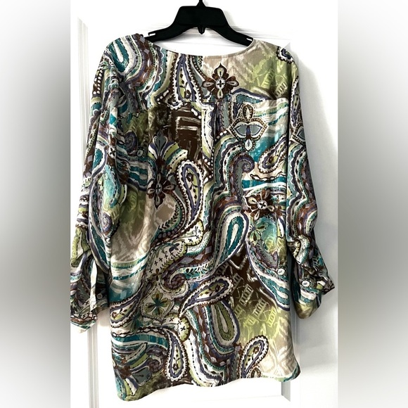 Chico's Women's Taupe Green Turquoise Paisley Lace Up Tie Neck Blouse Top - Picture 3 of 11